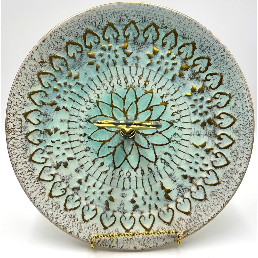 Vintage Stangl Pottery: Hand Painted Blue-Green & Gold 10” Tidbit Plate w/Handle